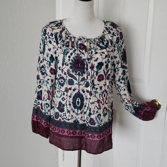 Lucky Brand Blue And Purple Leafy Patterned Women's Top - Picture 1 of 16
